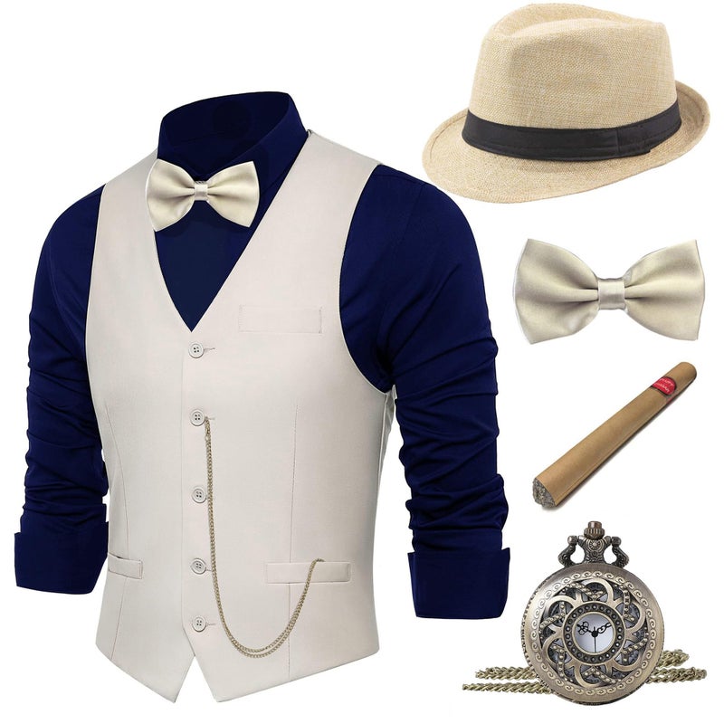 BABEYOND 1920s Mens Costume, Gatsby Gangster Costume Accessories Set For Men, 1920s Mens Outfit with Fedora Hat Vintage Vest Bowtie Plastic Cigar Pocket Watch Armbands - Image 1